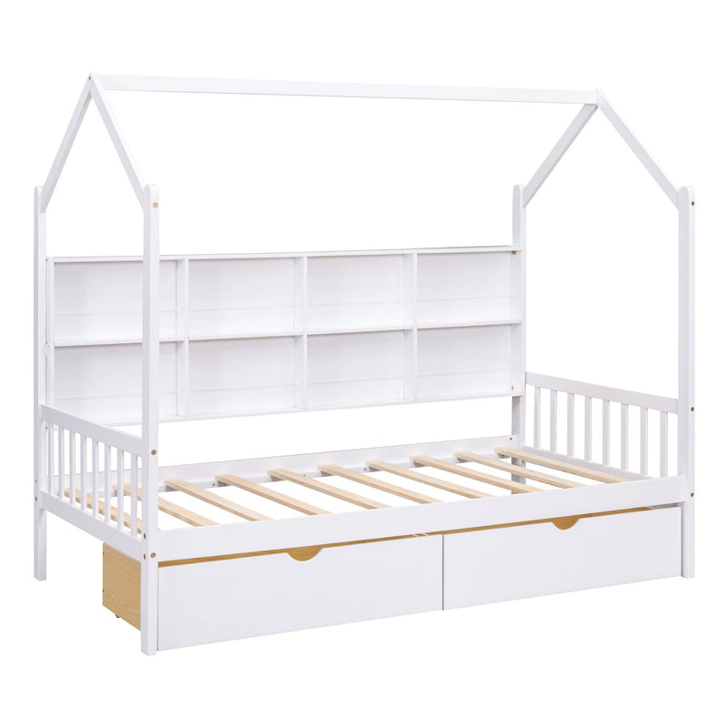 Wooden Twin Size House Bed with 2 Drawers,Kids Bed withStorage Shelf, White - Urban Living Furniture (Los Angeles, CA)