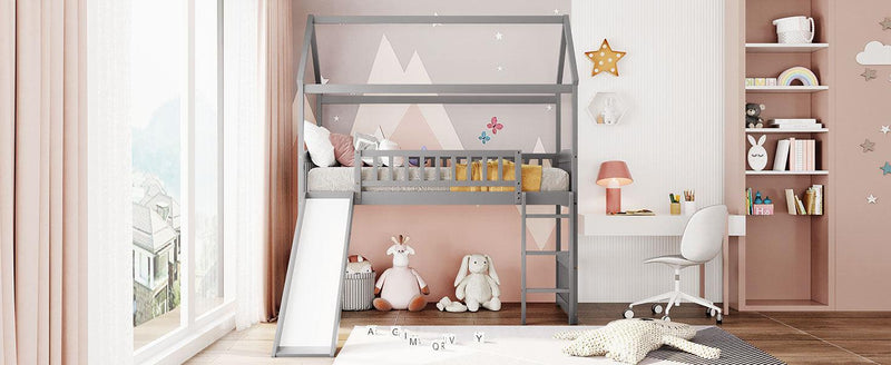 Twin Loft Bed with Slide, House Bed with Slide,White