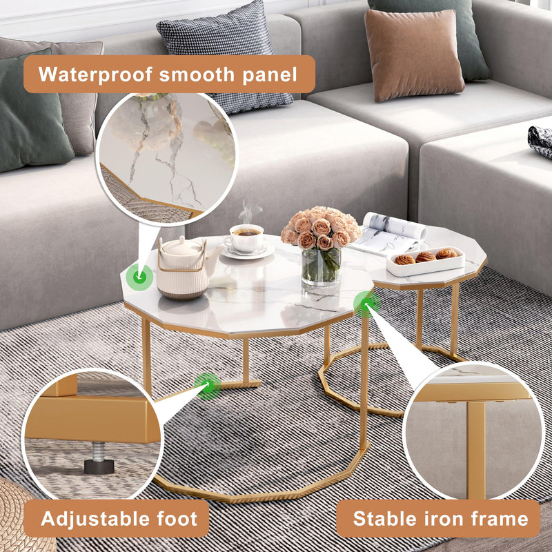 Marble Coffee Table End table 12-n Shape, 25.6 " White Artificial Marble Top and Black Metal Legs can be used in living room, outdoor, anti-tip