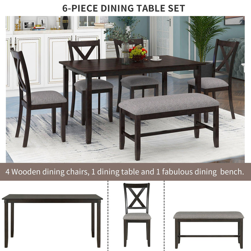 6-Piece Kitchen Dining Table Set Wooden Rectangular Dining Table, 4 Fabric Chairs and Bench Family Furniture (Espresso) - Urban Living Furniture (Los Angeles, CA)