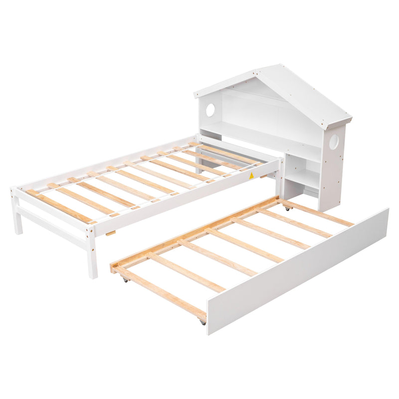 TwinStorage House Bed for kids with Bedside Table, Trundle, White - Urban Living Furniture (Los Angeles, CA)