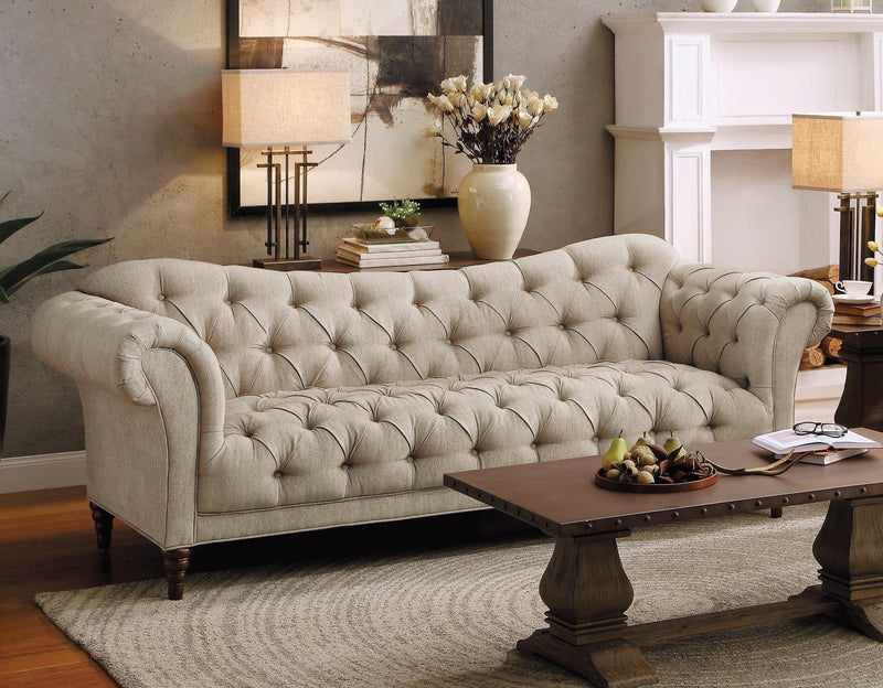Traditional Style Button-Tufted 1pc Sofa Rolled Arms Brown Tone Fabric Upholstered Classic Look Furniture