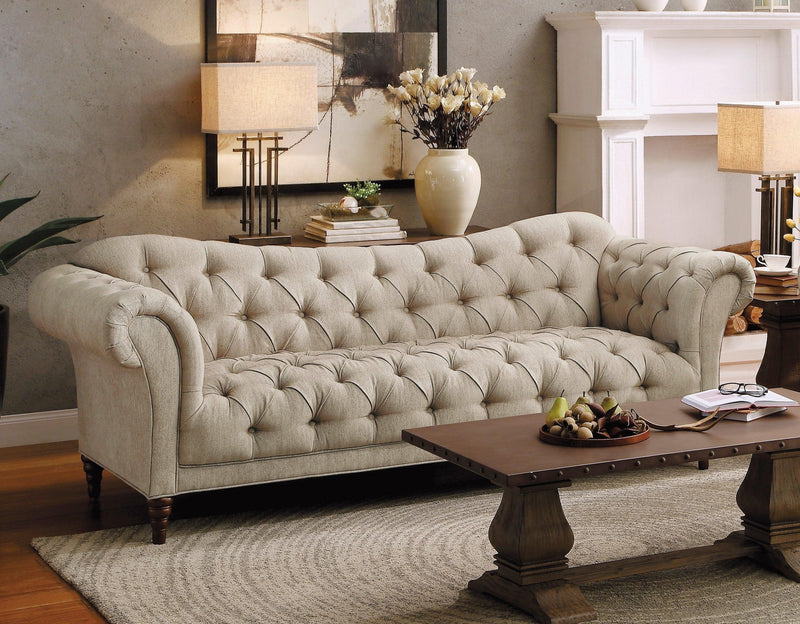 Traditional Style Button-Tufted 1pc Sofa Rolled Arms Brown Tone Fabric Upholstered Classic Look Furniture - Urban Living Furniture (Los Angeles, CA)