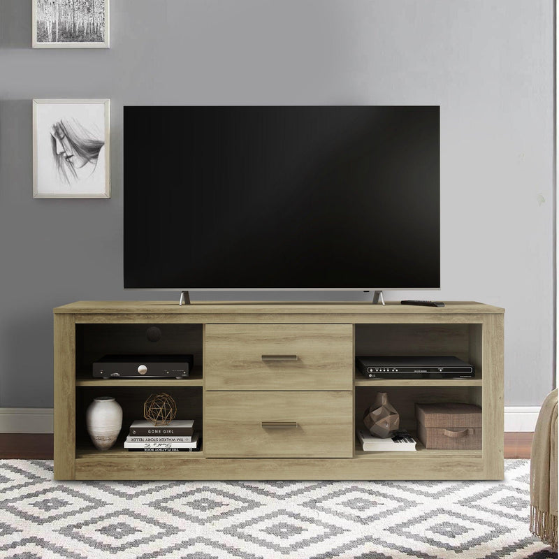 59 Inch Wooden TV Stand with 2 Drawers and 4 Open Compartments, Oak Brown