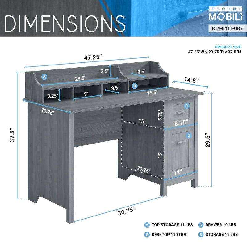 Techni Mobili Classic Office Desk withStorage, Grey - Urban Living Furniture (Los Angeles, CA)