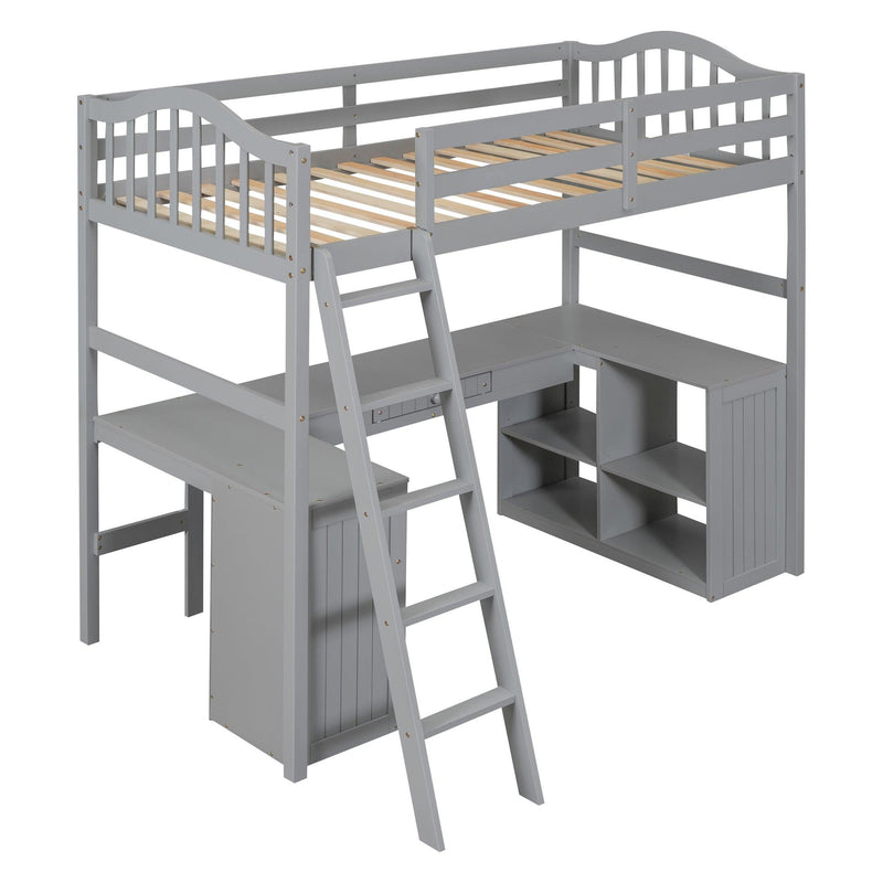 Twin size Loft Bed with Drawers, Cabinet, Shelves and Desk, Wooden Loft Bed with Desk - Gray - Urban Living Furniture (Los Angeles, CA)