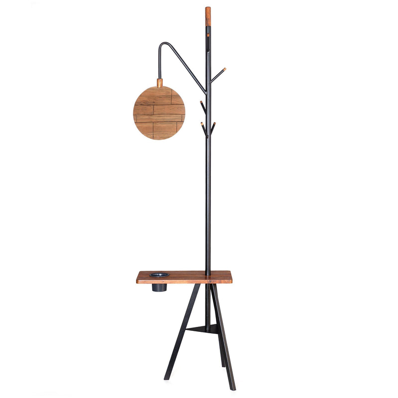 84 Inch Metal Coat Rack, Built In Mirror and Acacia Wood Accessory Table, Brown, Black - Urban Living Furniture (Los Angeles, CA)