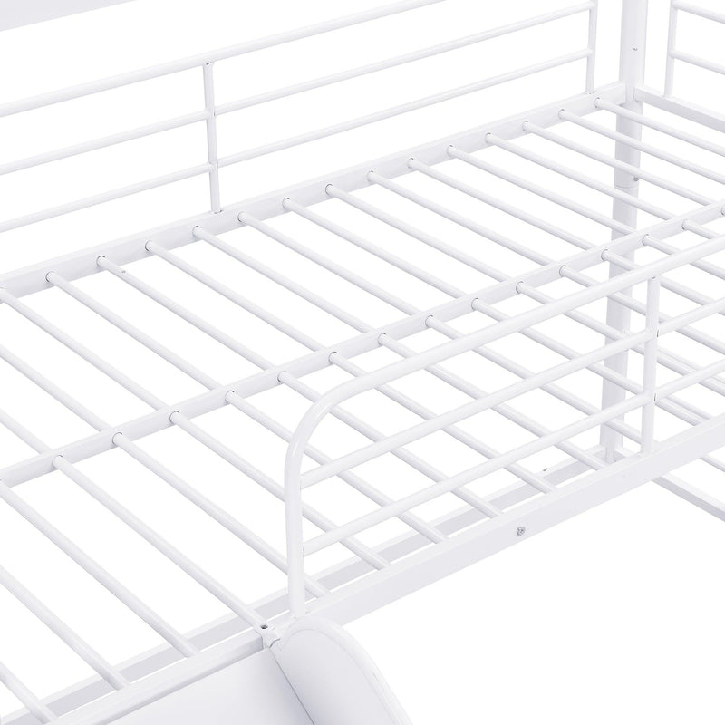 Twin Size Metal Bunk Bed with Ladders and Slide, Divided into Platform and Loft Bed, White