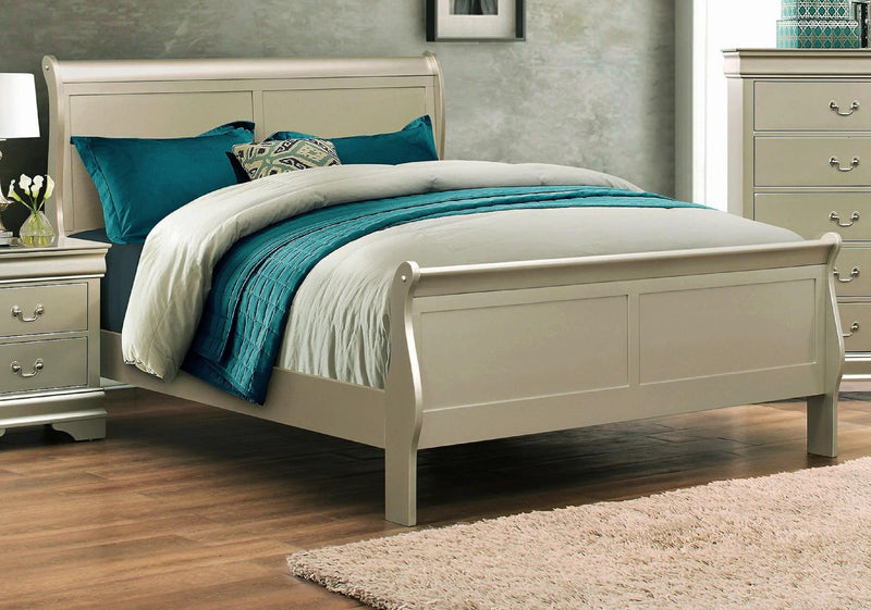 Louis Phillipe Champagne Finish Queen Size Panel Sleigh Bed Solid Wood Wooden Bedroom Furniture