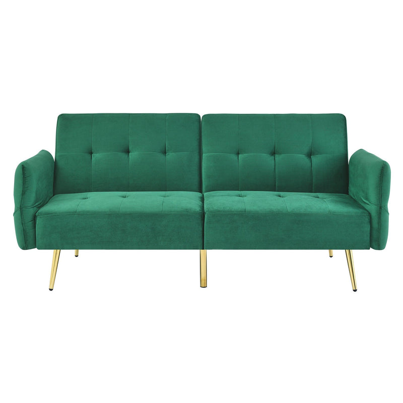78" Italian Velvet Futon Sofa Bed, Convertible Sleeper Loveseat Couch with Folded Armrests andStorage Bags for Living Room and Small Space, Green 280g velvet