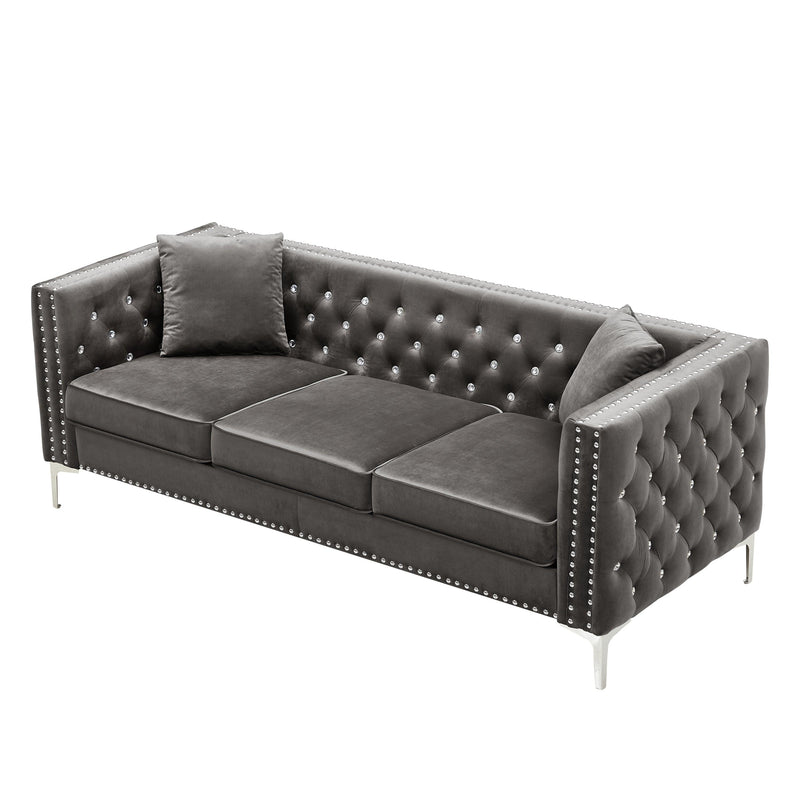 82.3" WidthModern Velvet Sofa Jeweled Buttons Tufted Square Arm Couch Grey,2 Pillows Included