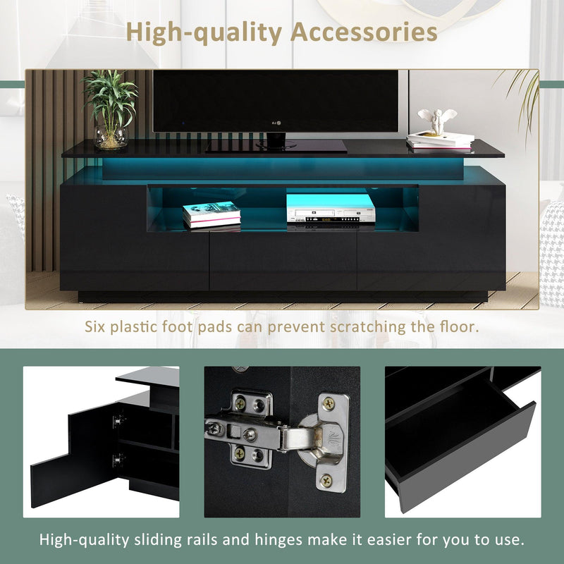 Modern, Stylish Functional TV stand with Color Changing LED Lights, Universal Entertainment Center, High Gloss TV Cabinet for 75+ inch TV, Black