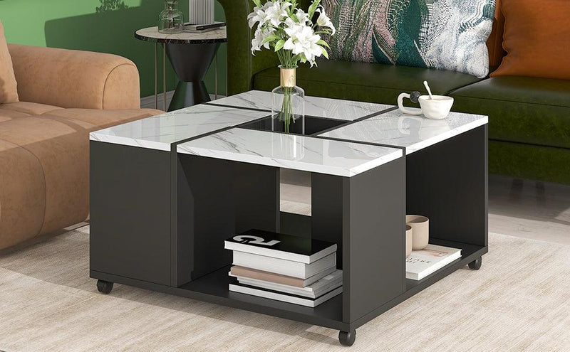 Modern 2-layer Coffee Table with Casters, Square Cocktail Table with Removable Tray，UV High-gloss Marble Design Center Table for Living Room，31.4”x 31.4” - Urban Living Furniture (Los Angeles, CA)