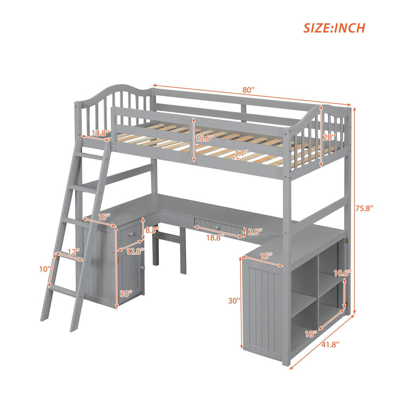 Twin size Loft Bed with Drawers, Cabinet, Shelves and Desk, Wooden Loft Bed with Desk - Gray - Urban Living Furniture (Los Angeles, CA)