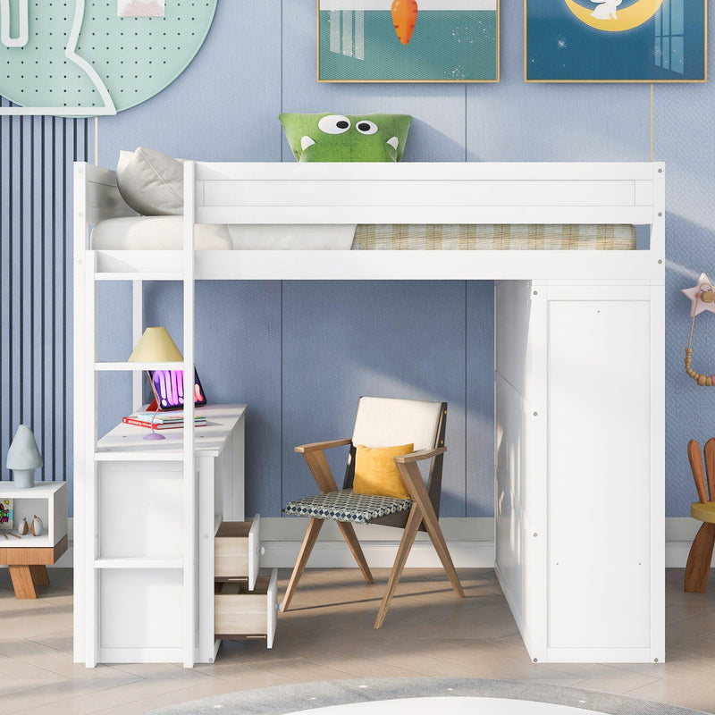 Wood Full Size Loft Bed with Wardrobes and 2-Drawer Desk with Cabinet, White
