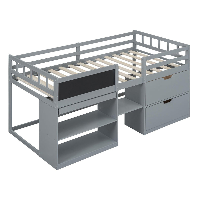 Twin Size Low Loft Bed with Rolling Desk, Shelf and Drawers - Gray - Urban Living Furniture (Los Angeles, CA)