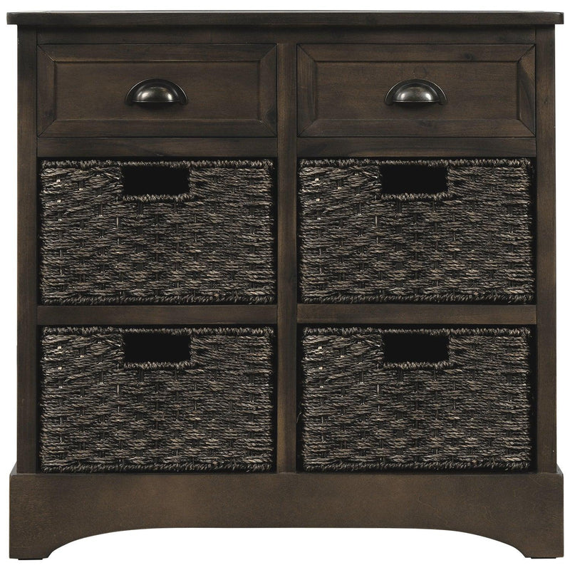 RusticStorage Cabinet with Two Drawers and Four  Classic Rattan Basket for Dining Room/Living Room (Brown Gray)