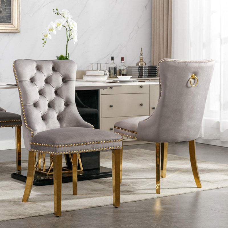 Nikki CollectionModern, High-end Tufted Solid Wood Contemporary Velvet Upholstered Dining Chair with Golden Stainless Steel Plating Legs,Nailhead Trim,Set of 2,Gray and Gold, SW1601GY - Urban Living Furniture (Los Angeles, CA)