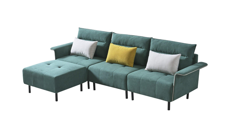 L-Shaped Sectional Sofa with Removeable Ottoman and 3 Pillows-GREEN