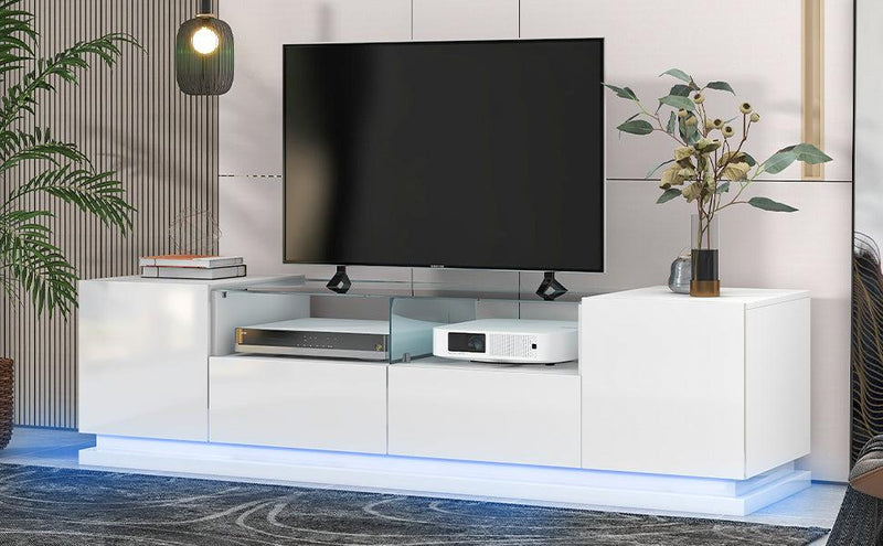 TV Stand with Tempered Glass,Modern High Gloss Entertainment Center for TVs Up to 70”, TV Cabinet withStorage and LED Color Changing Lights for Living Room, White