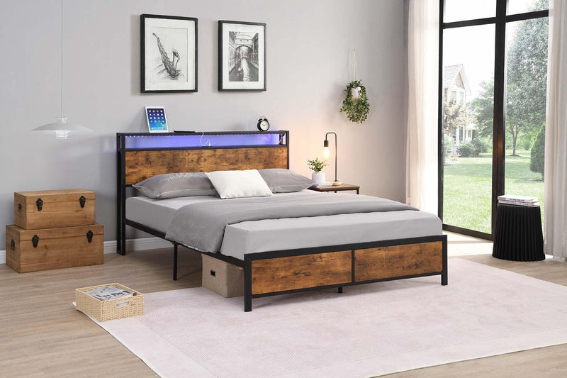 Industrial Queen Bed Frame with LED Lights and 2 USB Ports, Bed Frame Queen Size withStorage, Noise Free, No Box Spring Needed, Rustic Brown