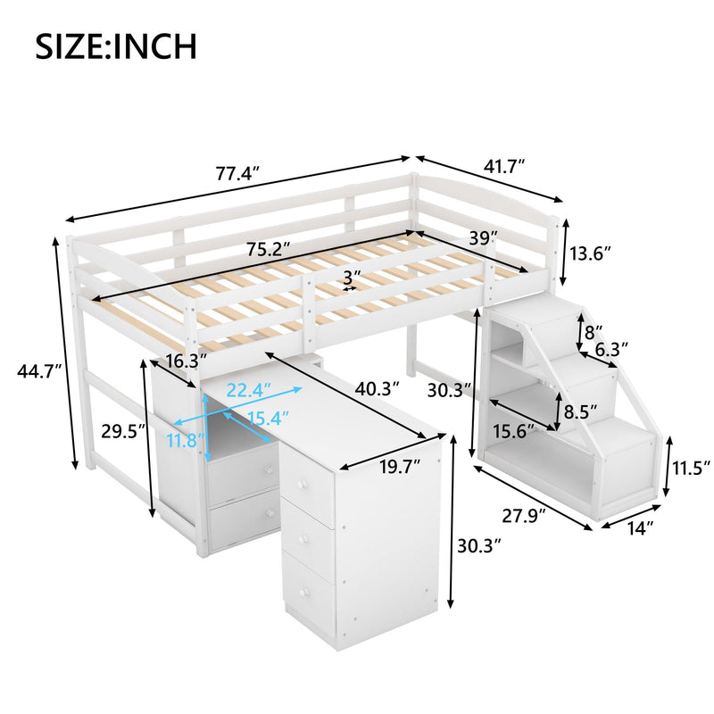 Twin Size Loft Bed with Multifunctional Movable Built-in Desk and and Staircase,White