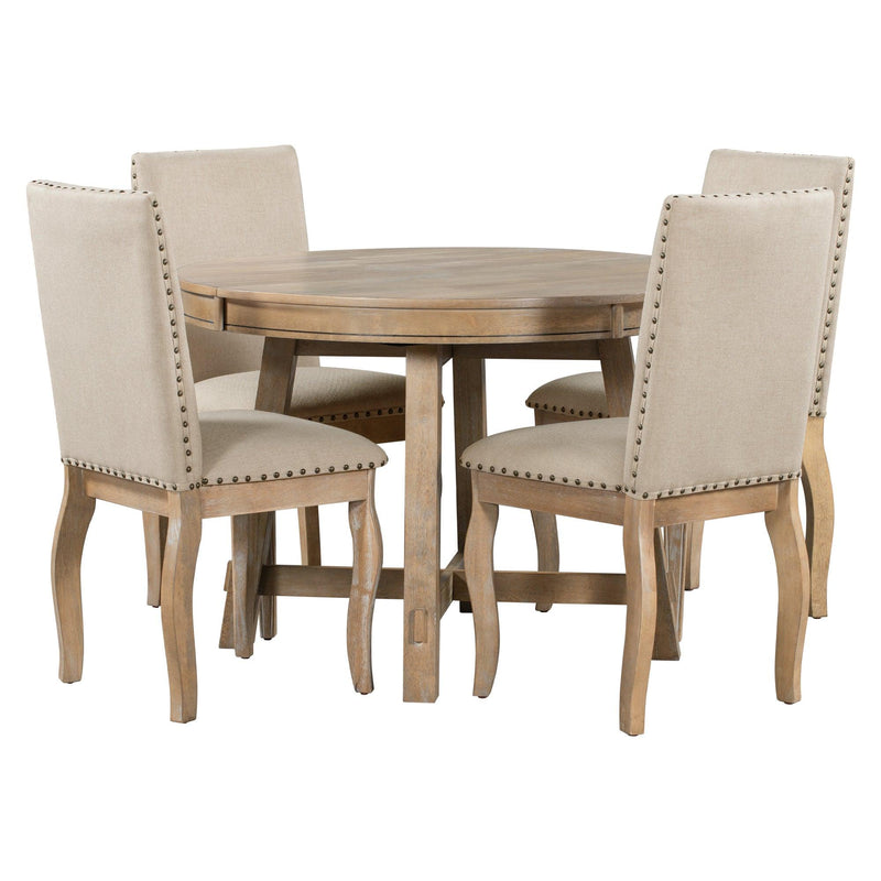 5-Piece Farmhouse Dining Table Set Wood Round Extendable Dining Table and 4 Upholstered Dining Chairs (Natural Wood Wash) - Urban Living Furniture (Los Angeles, CA)