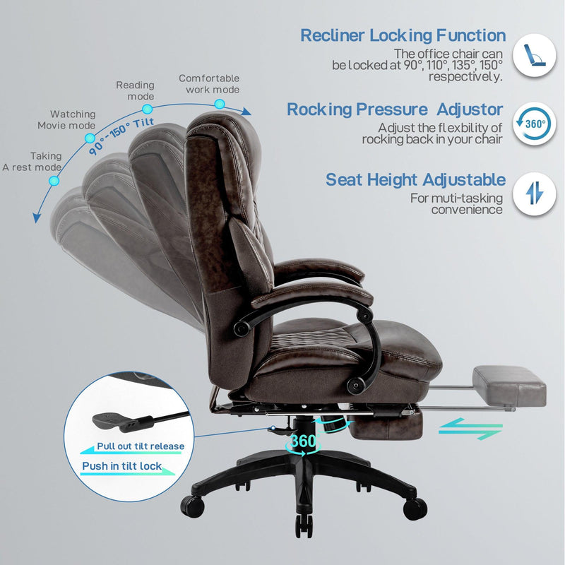 High Back Big & Tall 400lb Office Chair with Footrest Bonded Leather Ergonomic Executive Desk Computer Swivel Chair