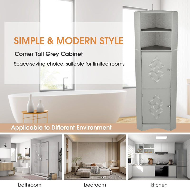 Tall Bathroom Corner Cabinet, FreestandingStorage Cabinet with Doors and Adjustable Shelves, MDF Board, Gray - Urban Living Furniture (Los Angeles, CA)