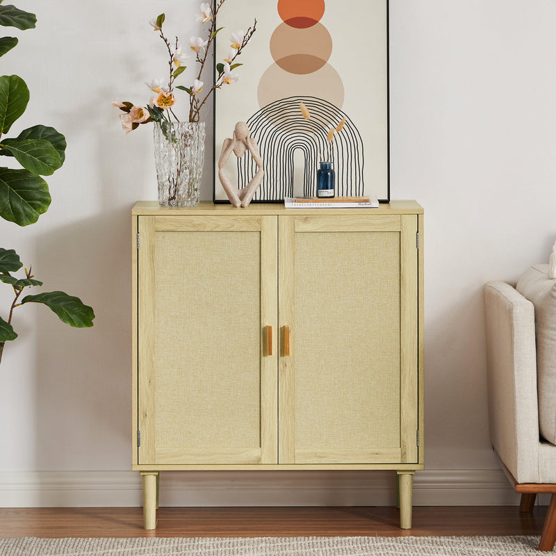 Mid-Century 2-Door Accent Chest, WoodStorage Cabinet with Shelf and Fabric Covered Panels（Natural，31.5''w x 15.8''d x 34.6"h）. - Urban Living Furniture (Los Angeles, CA)