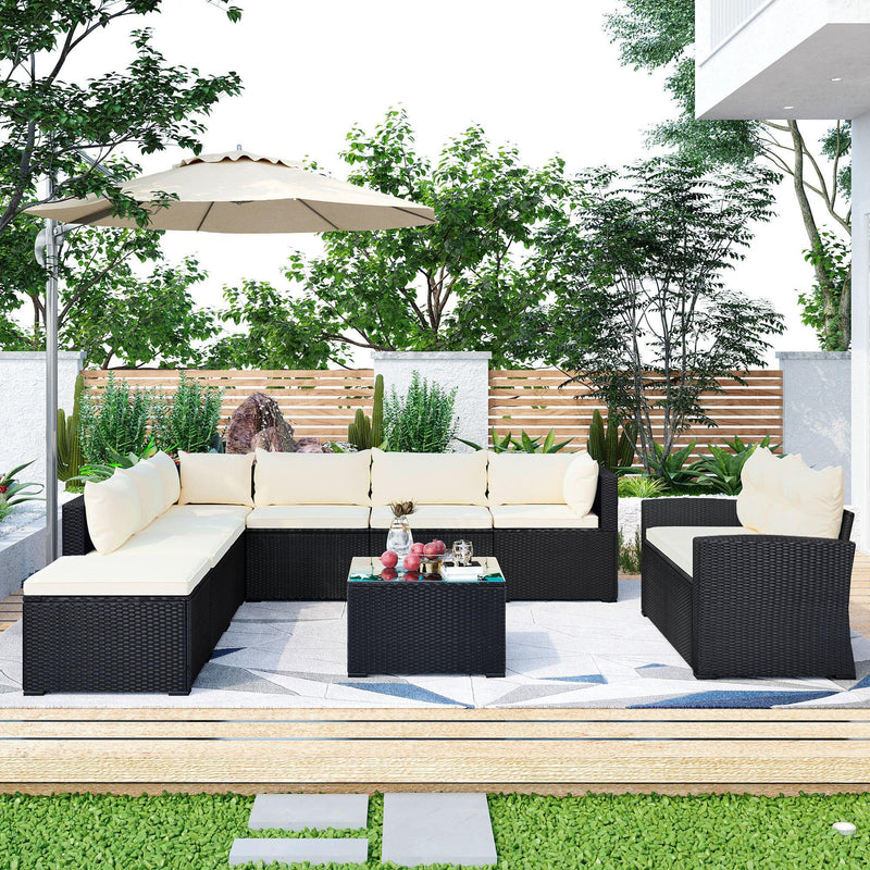 9-piece Outdoor Patio Large Wicker Sofa Set, Rattan Sofa set for Garden, Backyard,Porch and Poolside, Black wicker, Beige Cushion - Urban Living Furniture (Los Angeles, CA)