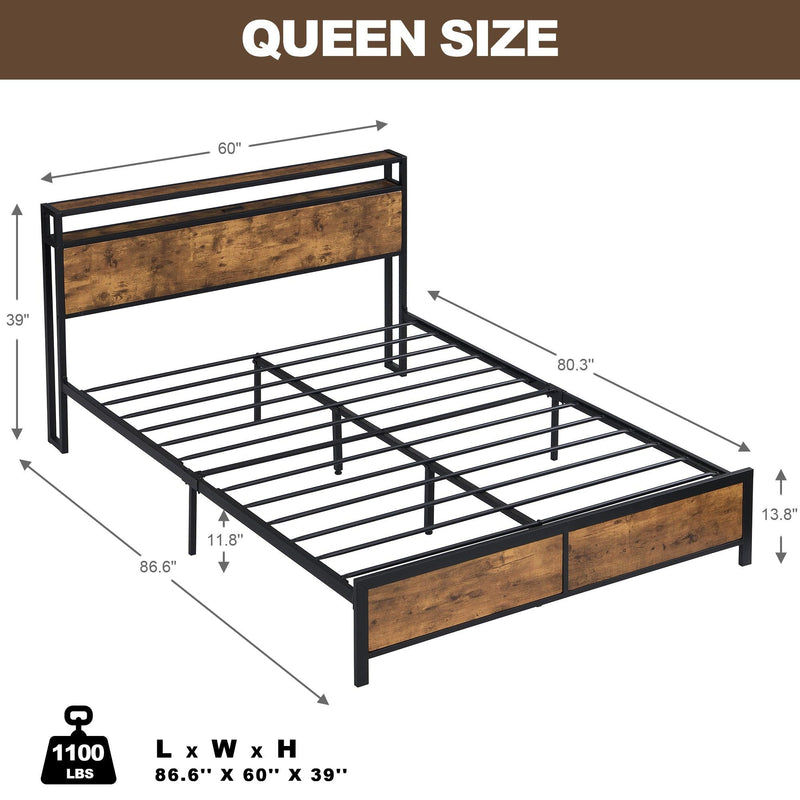 Industrial Queen Bed Frame with LED Lights and 2 USB Ports, Bed Frame Queen Size withStorage, Noise Free, No Box Spring Needed, Rustic Brown - Urban Living Furniture (Los Angeles, CA)