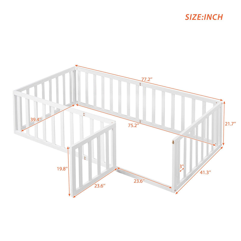 Twin Size Wood Floor Bed Frame with Fence and Door, White - Urban Living Furniture (Los Angeles, CA)