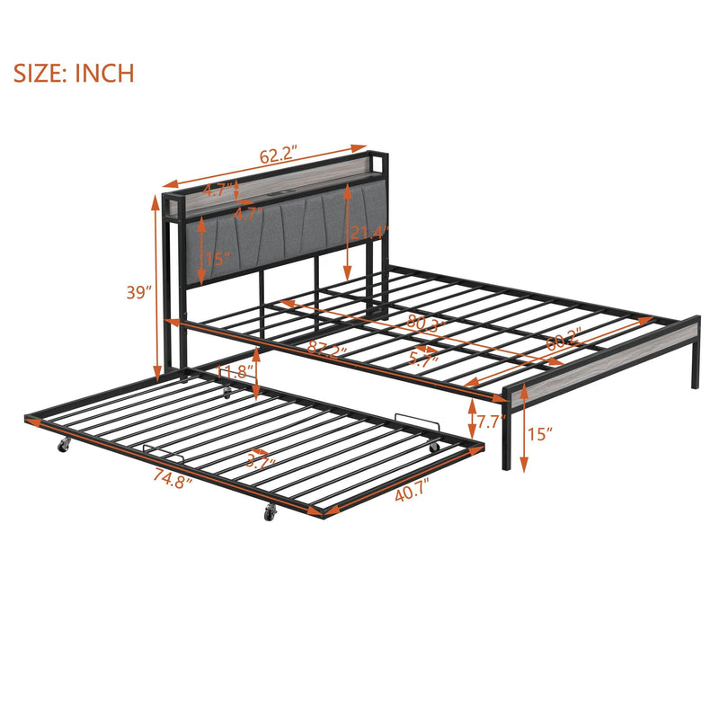 Queen Size Metal Platform Bed Frame with Twin size trundle, Upholstered headboard ，Sockets, USB Ports and Slat Support ,No Box Spring Needed，Black - Urban Living Furniture (Los Angeles, CA)