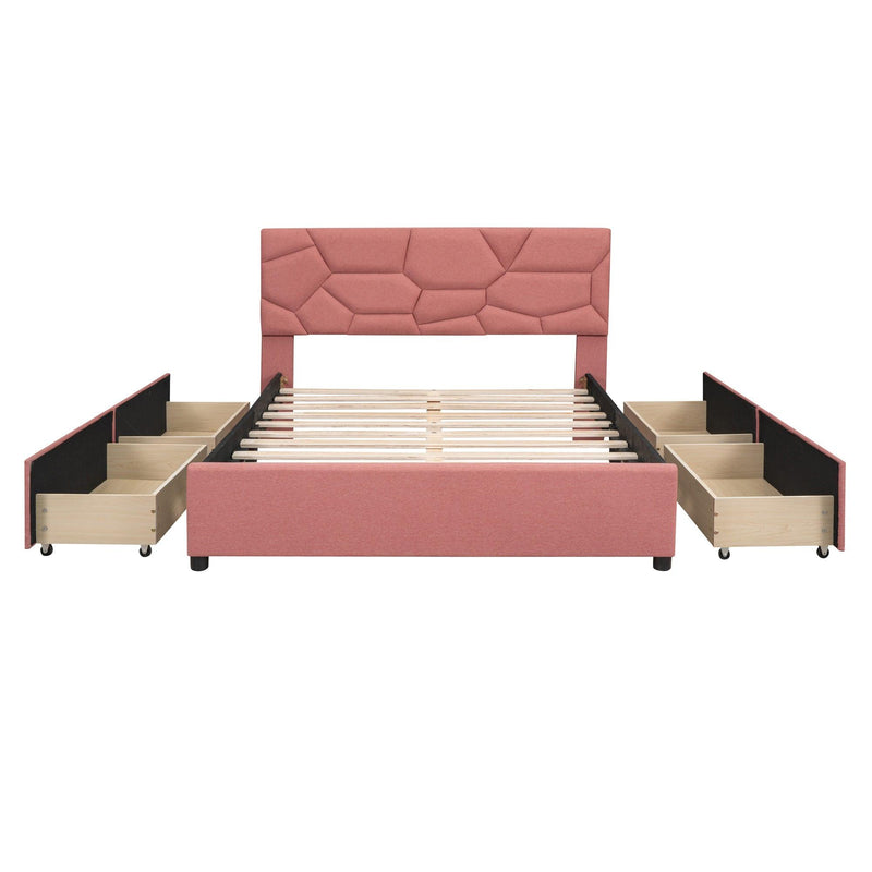 Full Size Upholstered Platform Bed with Brick Pattern Heardboard and 4 Drawers, Linen Fabric, Pink - Urban Living Furniture (Los Angeles, CA)