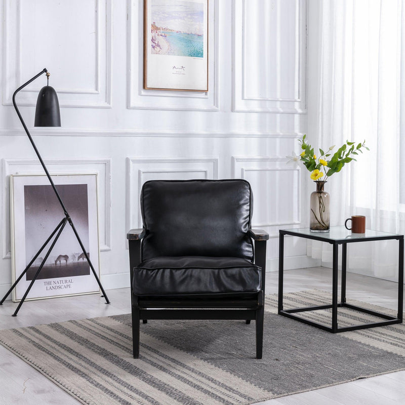 solid wood  black antique painting removable cushion arm chair, mid-century PU leather accent chair