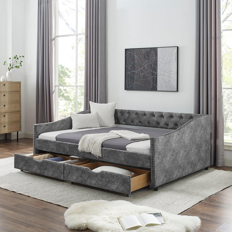 Full Size Daybed with Drawers Upholstered Tufted Sofa Bed, with Button on Back and Copper Nail on Waved Shape Arms，Grey（80.5“x55.5”x27.5“） - Urban Living Furniture (Los Angeles, CA)