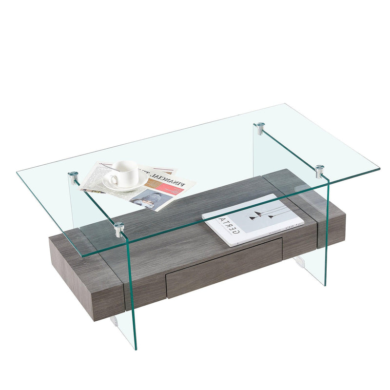 37.8" Tempered Glass Coffee table with Dual Shelves and MDF Drawer, Tea Table for living roon, bedroom，transparent/gray