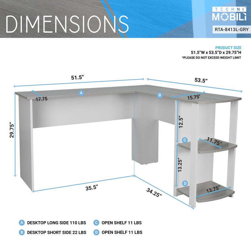 Techni MobiliModern L-Shaped Desk with Side Shelves, Grey - Urban Living Furniture (Los Angeles, CA)