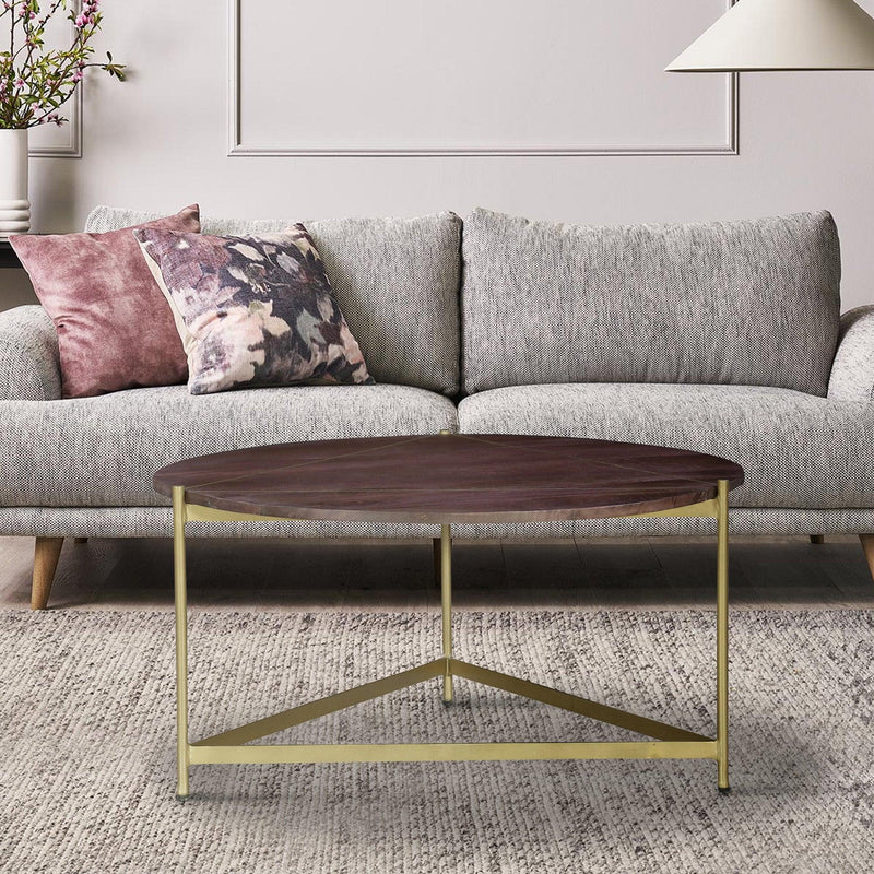 Ellis 32 Inch Round Wood Coffee Table with Brass Metal Base, Brown, Matte Gold - Urban Living Furniture (Los Angeles, CA)