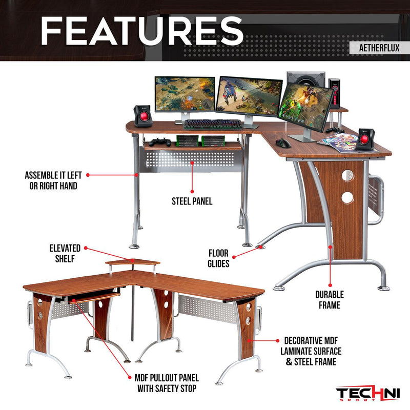 Techni Mobili Deluxe L-Shaped Computer Desk With Pull Out Keyboard Panel, Mahogany - Urban Living Furniture (Los Angeles, CA)