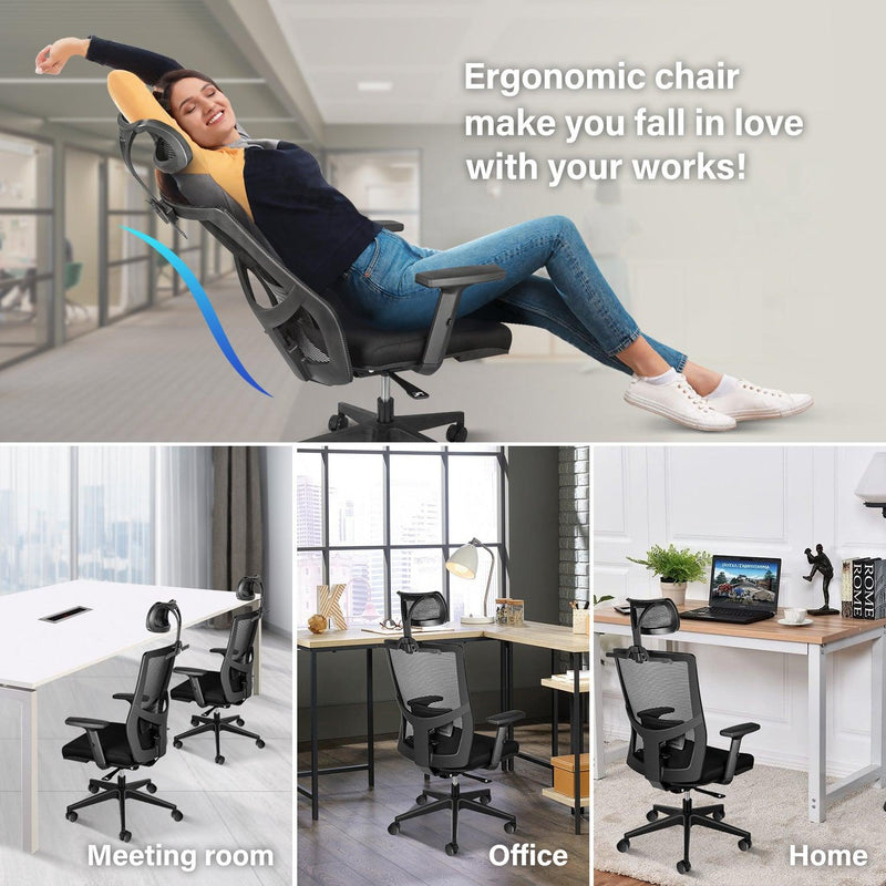 Office Ergonomic Mesh Computer Chair with Wheels & Arms & Lumbar Support, 02B, Black-Pro