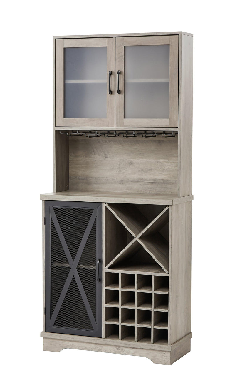 Farmhouse Wine Cabinet , Large Capacity Kitchen SideboardStorage Cabinet With Wine Rack And Glass Holder, Adjustable Shelf And 16 Square Compartments (Gray, 31.50" W*13.4" D*71.06"H)