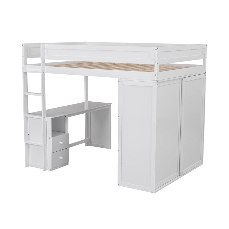 Wood Full Size Loft Bed with Wardrobes and 2-Drawer Desk with Cabinet, White