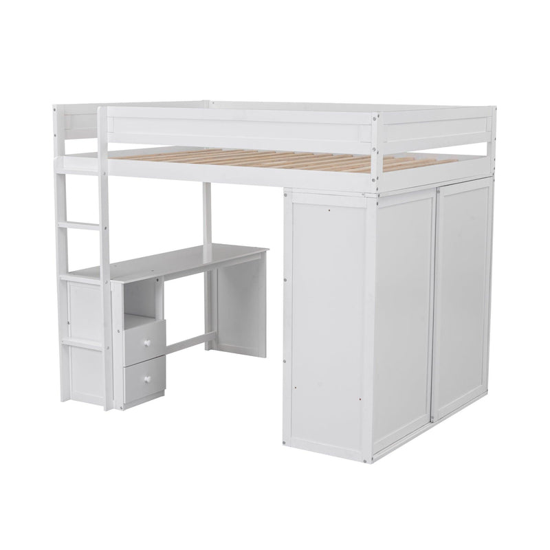 Wood Full Size Loft Bed with Wardrobes and 2-Drawer Desk with Cabinet, White - Urban Living Furniture (Los Angeles, CA)