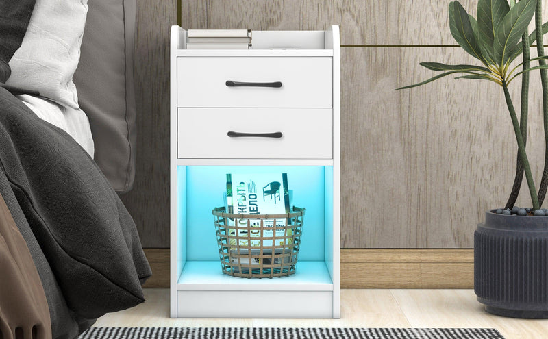 Nightstand with 2 Drawers and Cabinet,USB Charging Ports,Wireless Charging and Remote Control LED Light-White - Urban Living Furniture (Los Angeles, CA)