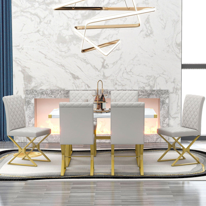 7-PieceModern Dining Table Set, Rectangular Marble Texture Kitchen Table and 6 PU leather Chairs with X-Shaped Gold Steel Pipe Legs for Dining Room (White) - Urban Living Furniture (Los Angeles, CA)