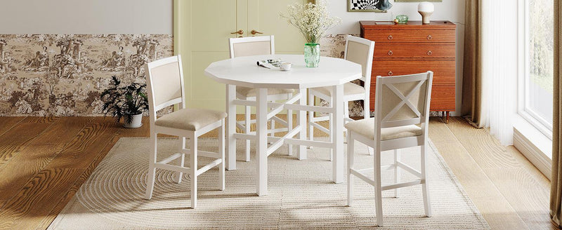 5-Piece Rubber Wood Counter Height Dining Table Set, Irregular Table with 4 High-back Cushioned Chairs for Small Place, White - Urban Living Furniture (Los Angeles, CA)