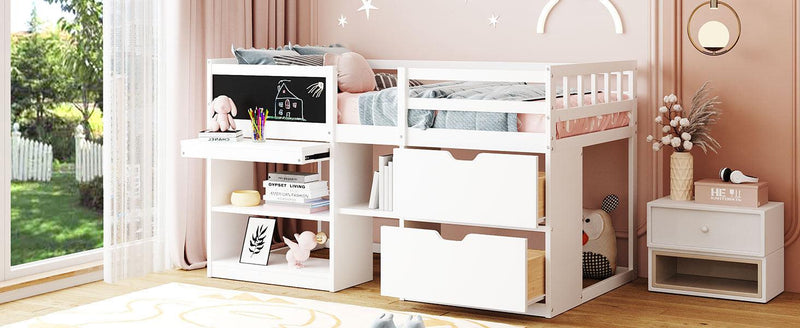 Twin Size Low Loft Bed with Rolling Desk, Shelf and Drawers - White - Urban Living Furniture (Los Angeles, CA)