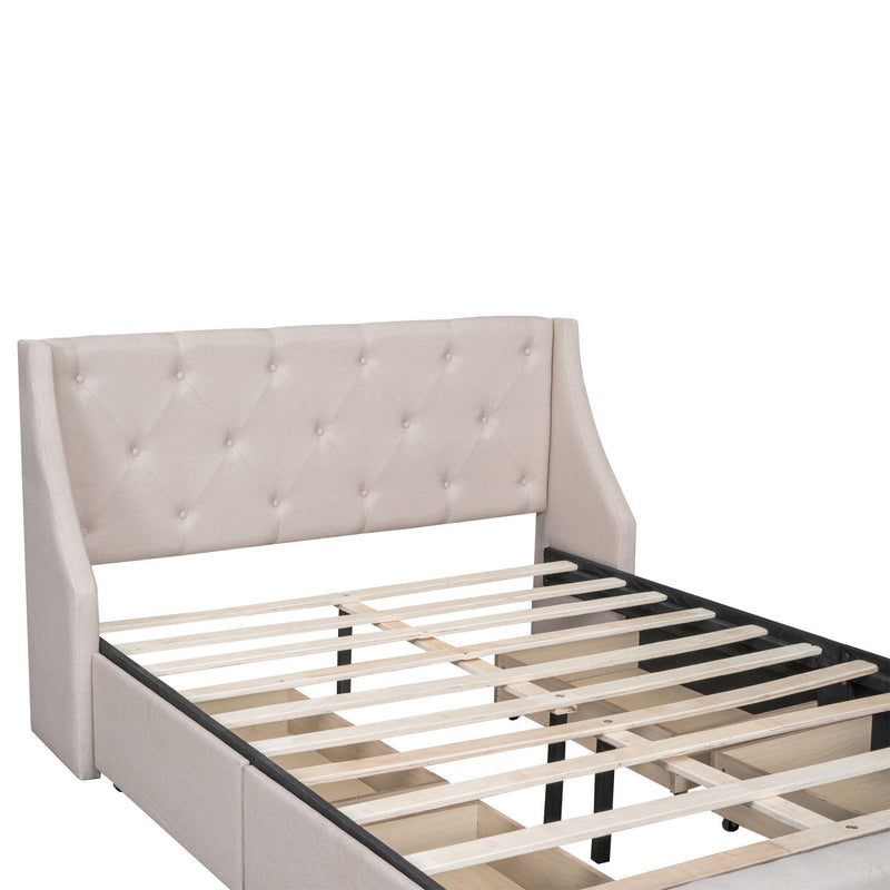 Upholstered Platform Bed with Wingback Tufted Headboard and 4 Drawers, No Box Spring Needed, Linen Fabric, Queen Size Beige - Urban Living Furniture (Los Angeles, CA)